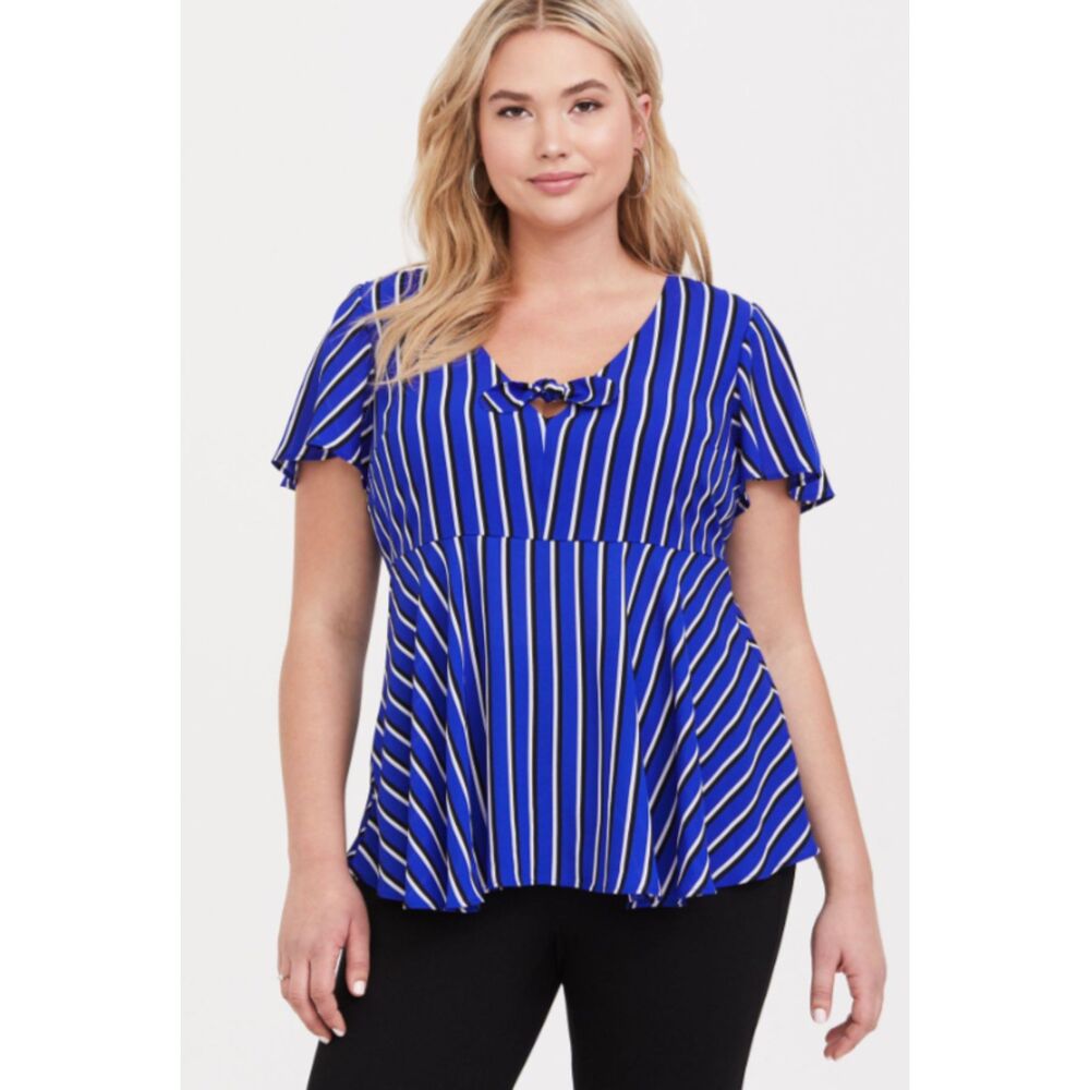 Torrid Blue Stripe Georgette Bow V-Neck Flutter Sleeve Blouse Sz 1 (14-16)